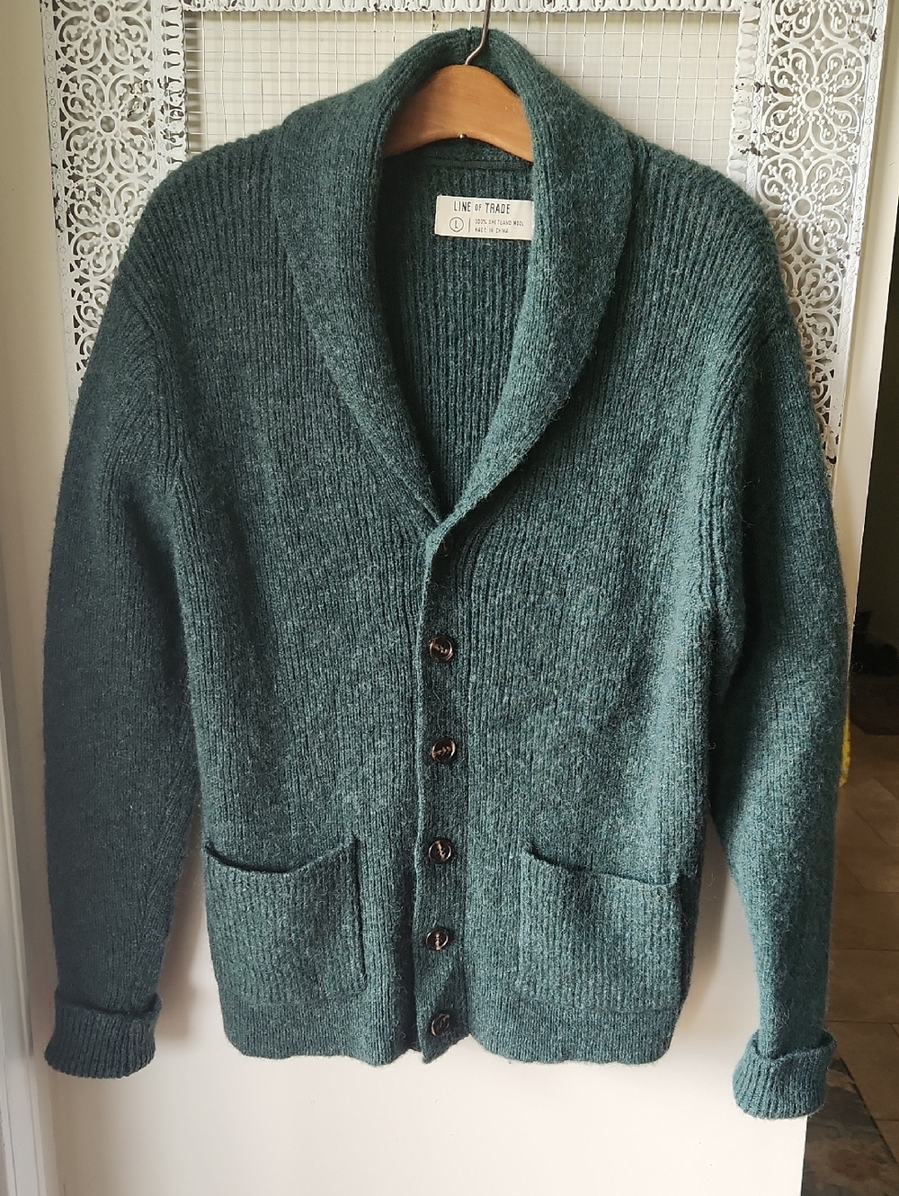 Line of Trade Men's sz L 100% Shetland Wool Shawl Collar Cardigan Green